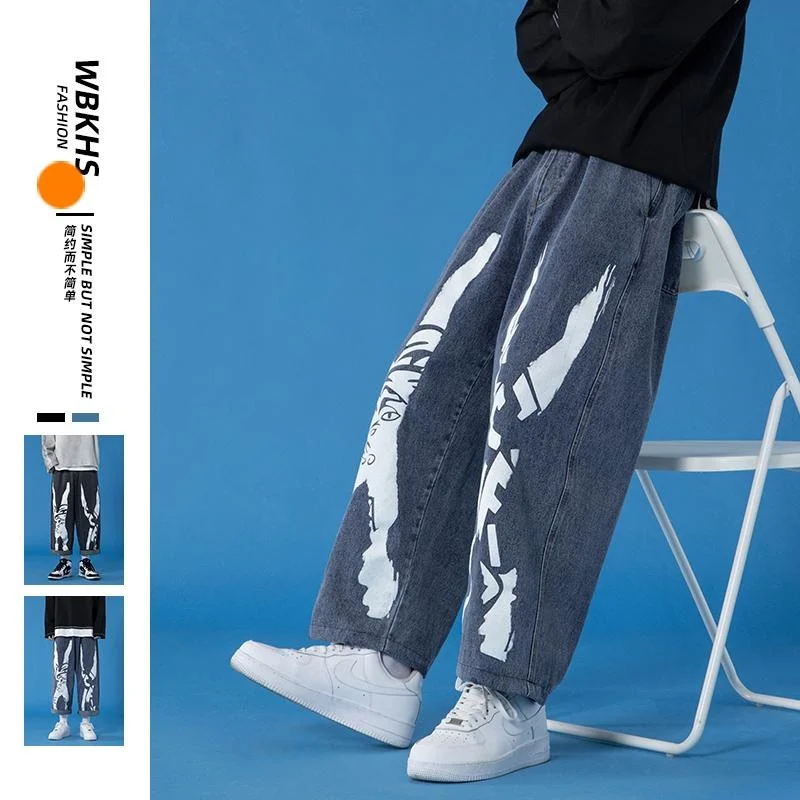 

Men's Jeans Personality Printed Black 2022 Denim Street Style Hip-hop Pants Blue Trousers Plus Size Overalls