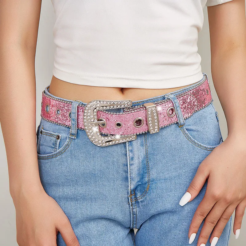 Fashion Sequin Pink Rhinestone Belt for Women Y2K Luxury Designer Pin Buckle Waist Strap Female Jeans Trouser Decor Waistband