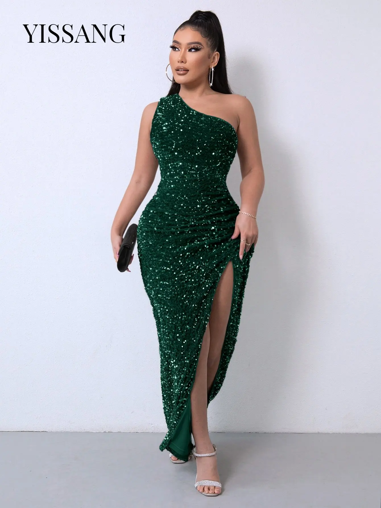 

Yissang Green Sparkling Sequin Maxi Long Dress Women Clothing Backless Slim Summer Vestido Ruched Side Split Sexy Party Dresses