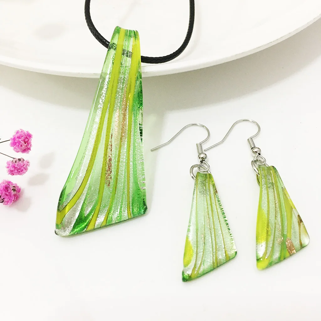 

1 Set Green Leaf Colored Glaze Chinese Style Lampwork Glass Murano Knife Necklace Pendant Earring Jewelry For Women Gift