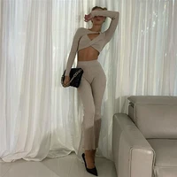 autumn streetwear 2 two piece sets womens outfits 2021 cross hollow out crop top straight pants sets female matching