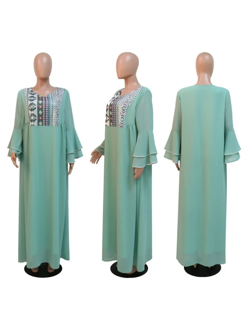 Women High Waist Flare Sleeve Loose Robes Fashion New Print Patchwork Jalabiya Abaya Muslim Ramadan Dress 2022