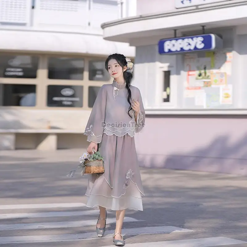 

2022 new retro style women improved hanfu cheongsam dress petal hem design stand collar top asymmetric skirt two piece set g925