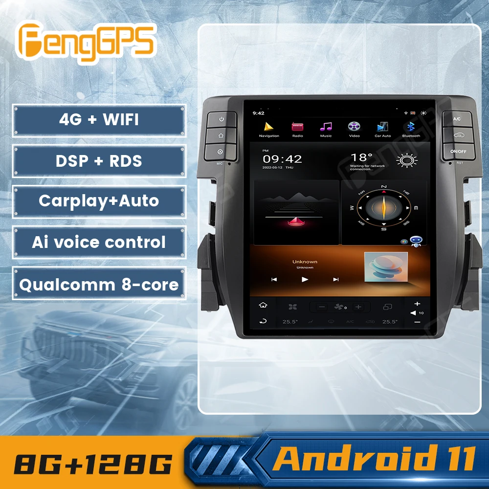 G6 Система 8+128G Android 11 Автомобильное радио Tesla для Honda Civic 2016 2017 Авто GPS Навибация Беспроводной Carplay Мультимедиа Плеер Головное устройство.