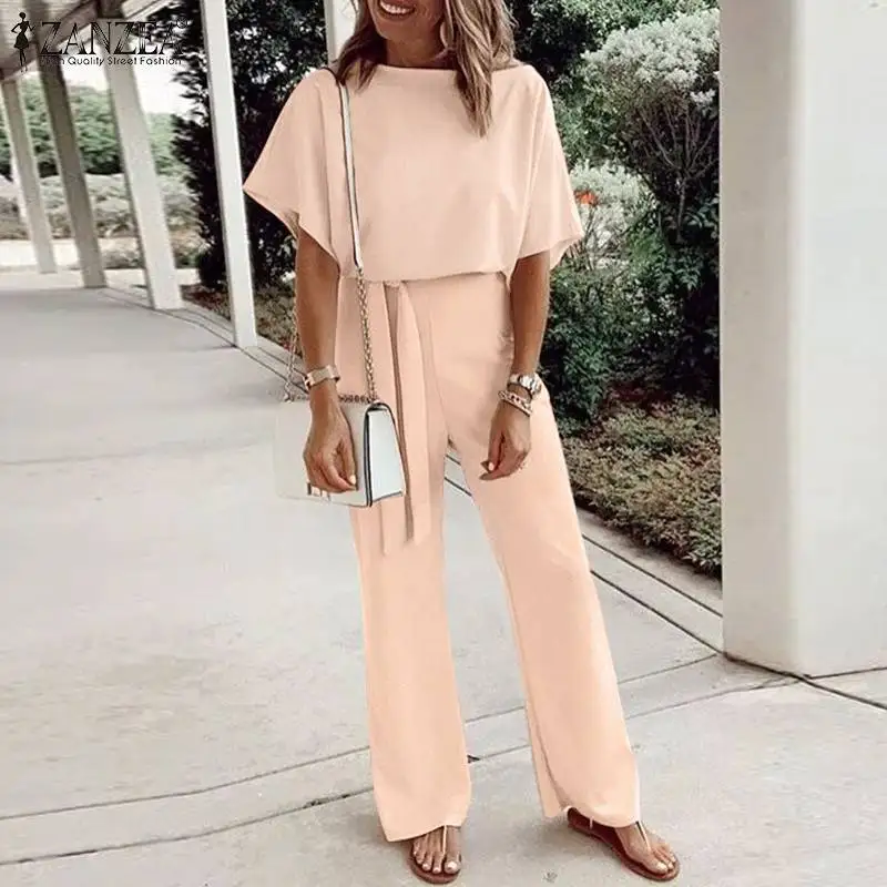 

Wide Leg Bodysuit Lace-Up Bohemian Casual Work Pants ZANZEA Summer Women Short Sleeve Jumpsuit O-Neck Solid Color Elastic waist