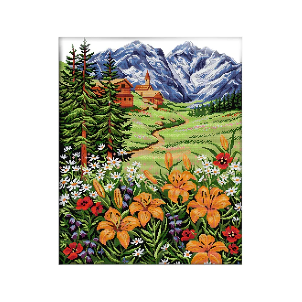 

Snow Mountain in Spring Cross Stitch Kits 11CT Flowers Scenery Pattern Embroidery Set Needlework Decoration Painting