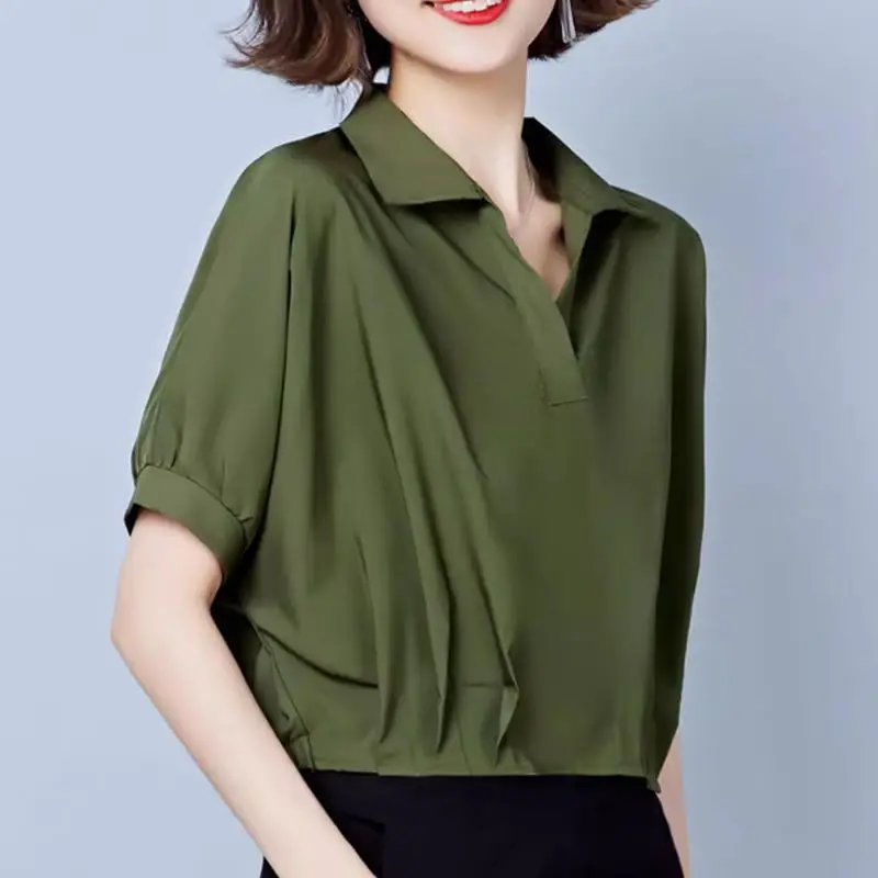 Женская одежда летний Однотонный пуловер Элегантная футболка с отложным