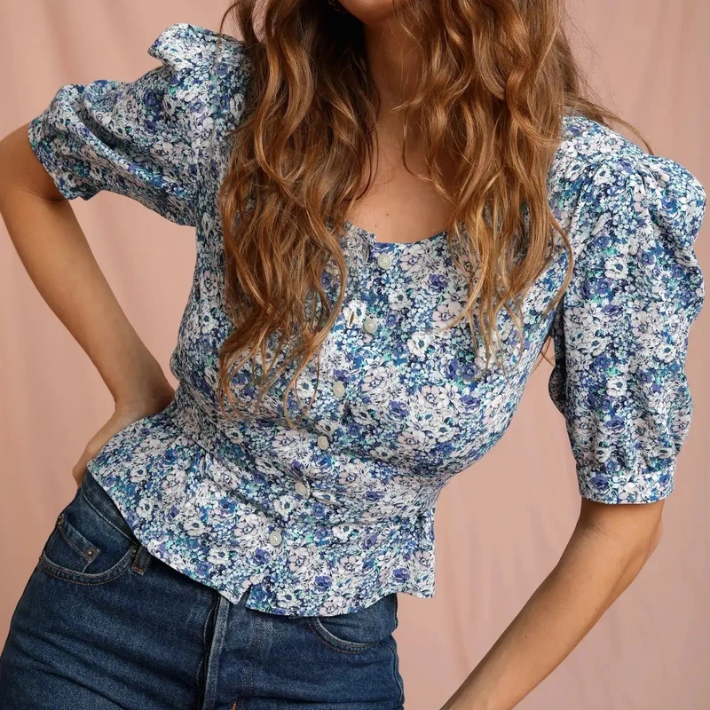 

French Idyllic style Print Puff Sleeve Short Sleeve Shirt Women's Viscose Floral Back Tie-Up Crew Neck Shirt Female Summer Top