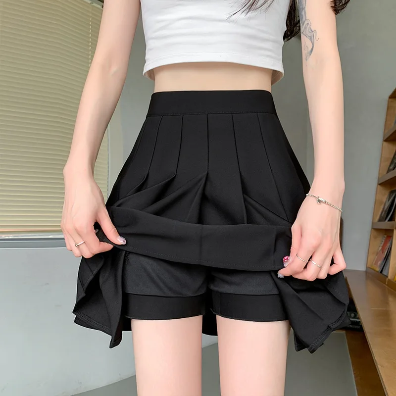 

Preppy Style Pleated Mini Skirt for Women, High Waist, Solid Pocket, Korean Fashion, Cute White A-line Elastic Skirt, Summer