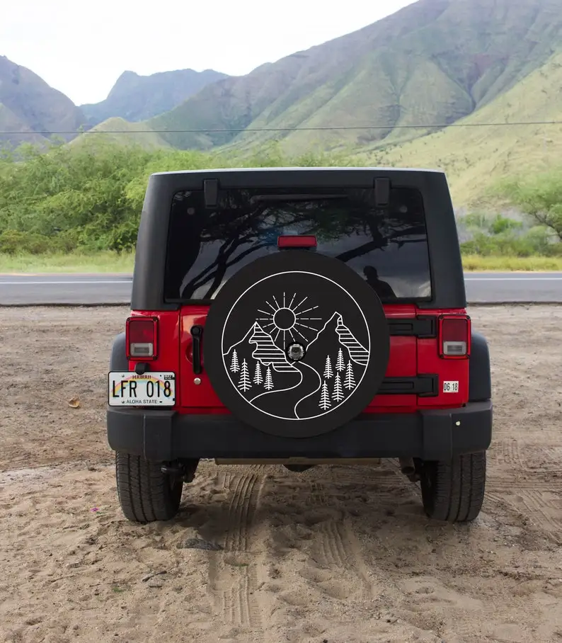 

Mountain Design Tire Cover for JL With Backup Camera, Mountains Design, Rising Sun Design on White Tire Cover