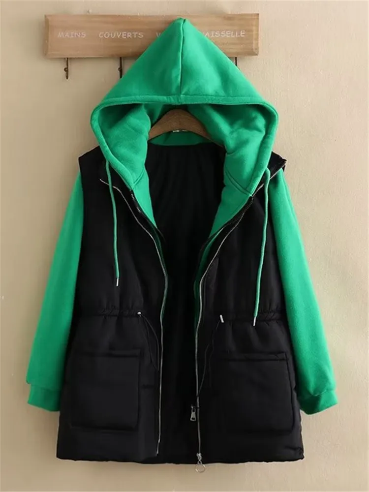 Plus Size Women Clothing Winter Jackets Hooded Long Sleeves Cotton Padded With Interlayer Contrasting Color Stitching Thick Coat