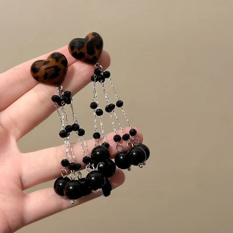 Серьги с кисточками в стиле ретро Love леопардовым принтом Personali черные