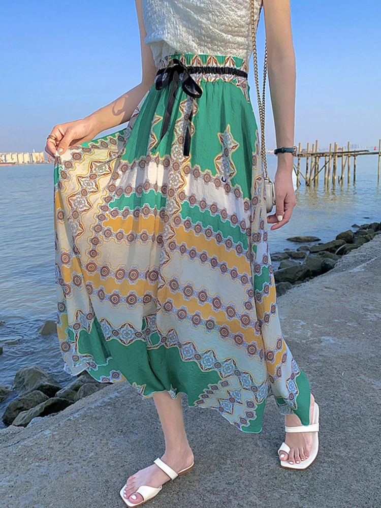 

TIGENA Bohemian Beach Maxi Skirt Women 2022 Summer Boho Aesthetic Print Chiffon A Line Belt High Waist Long Skirt Female Green