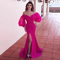 charming mermaid formal evening dress sexy off the shoulder puffy long sleeve prom party gowns with high slit sweetheart