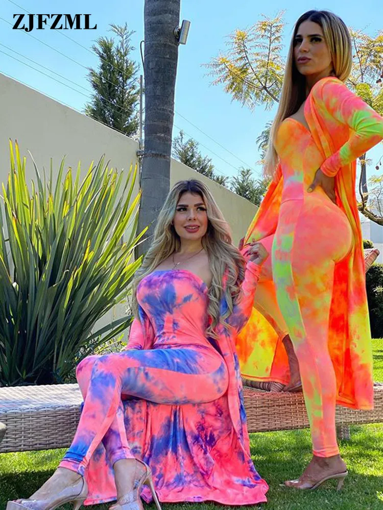 

Neon Color Tie Dyeing Print Two Piece Set Tracksuit for Women Long Sleeve Maxi Cardigan+strapless Skinny Jumpsuit Matching Sets