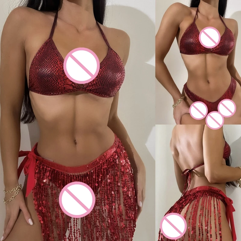 

Женские купальные костюмы на шнуровке, купальник из 3 предметов с кисточками, комплект бикини с блестками и лямкой на шее, с накидкой с блест...