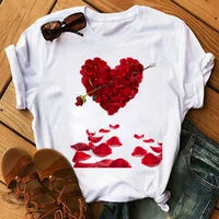 new women t shirt red rose flower heart printed short sleeve t shirt female fashion harajuku cute graphic woman clothing tops
