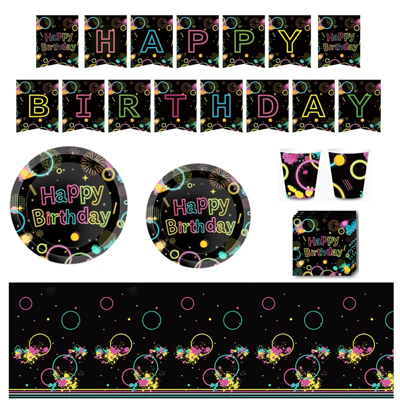 

Glowing Neon Party Birthday Party Disposable Tableware Paper Plates Banner Tablecloth Kids Happy Birthday Party Supplies Set