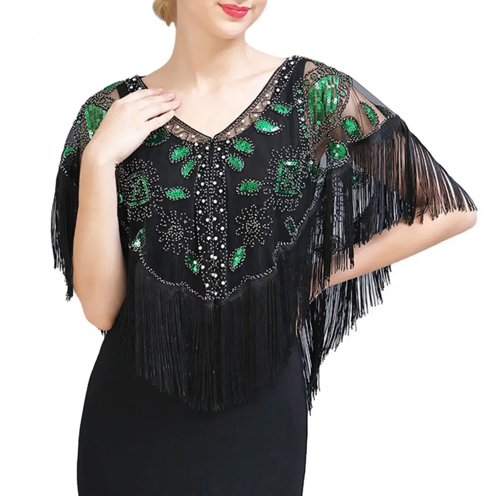

Pullover Shawl Vintage Shawl 1920s Women's Sequined Shawl Tassel Fringe Beaded Faux Pearl Sheer Mesh Wrap Cape V Neck