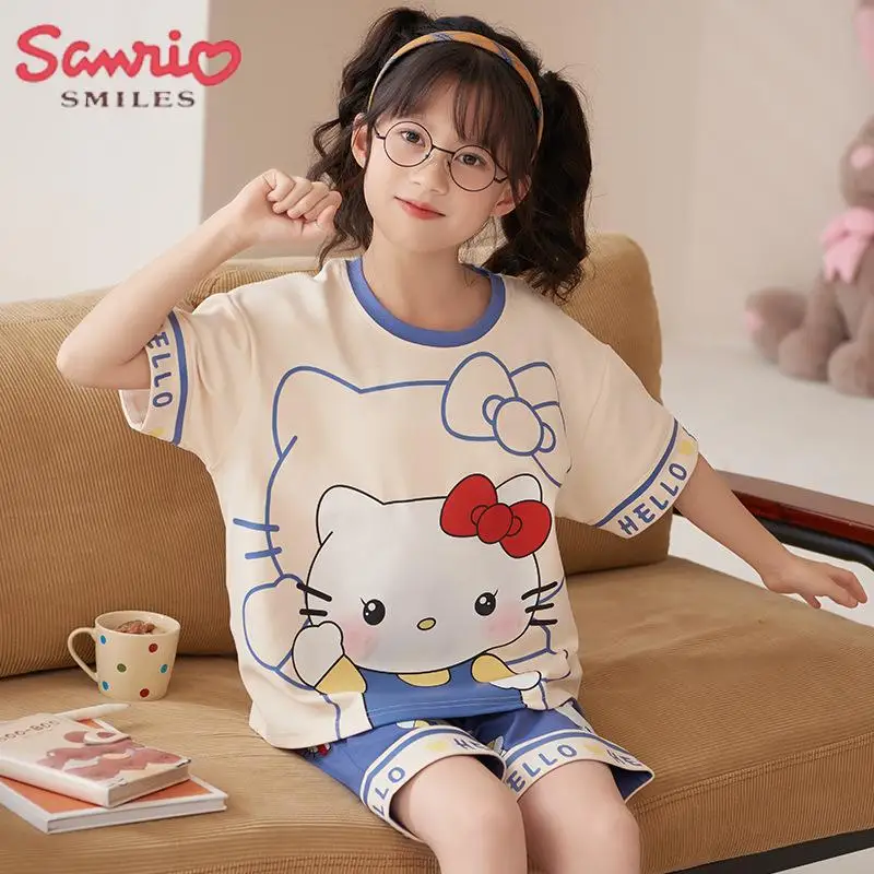 

Sanrio Y2K Cotton Children Pajamas Hello Kitty My Melody Kuromi Cartoon Casual Homewear Cute Loose Summer Suit Anime Girl Gift