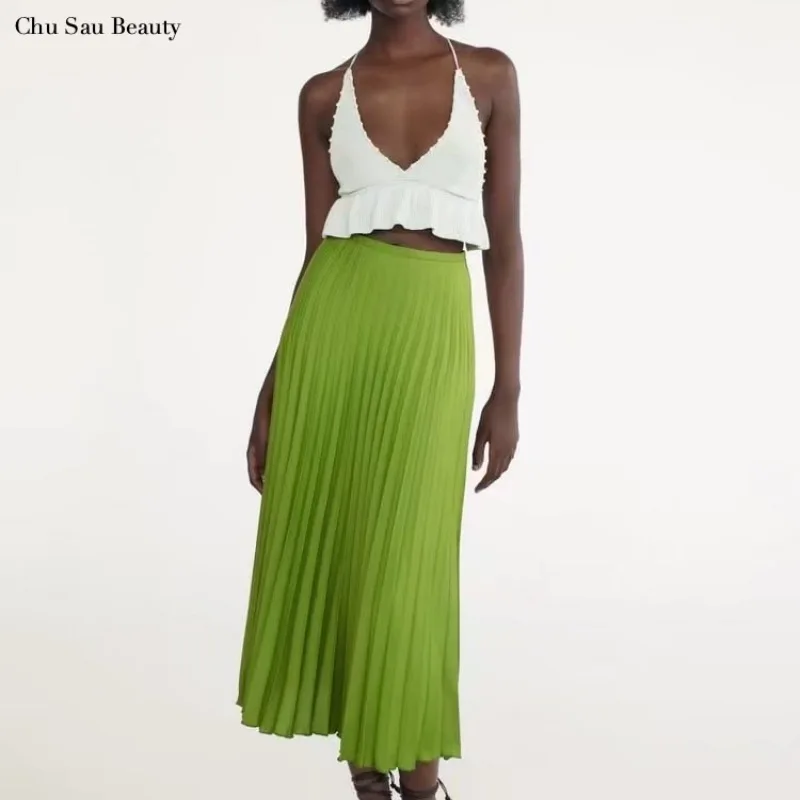 

Chu Sau Beauty 2022 New Za Women Pleated Midi Skirt Fashion High Waist Simple Temperament Skirt Casual Holiday Street Style