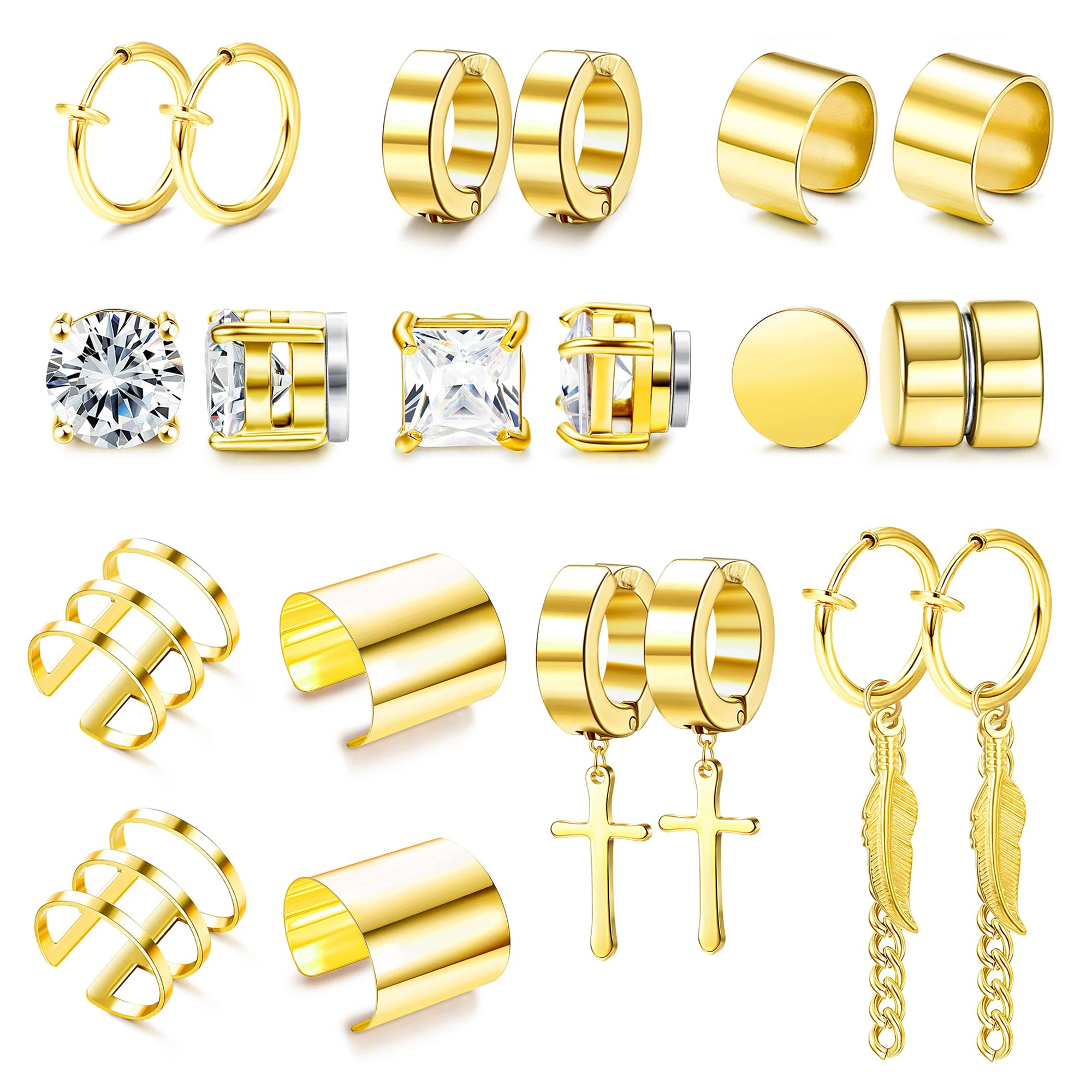 

Серьги-гвоздики магнитные из нержавеющей стали с фианитами, Комплект сережек-клипсов с перьями, не пирсинг, с крестом, 10 пар