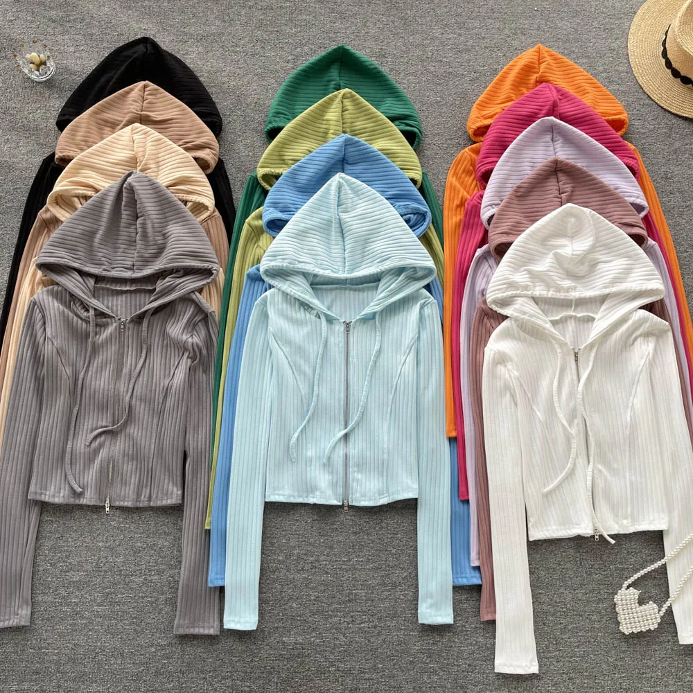 

OL Y2K Basics Short Zippered Cardigan Woman Hooded Long Sleeve Knitwear Female Cardigans Mujer Office Cropped Top Dropshipping