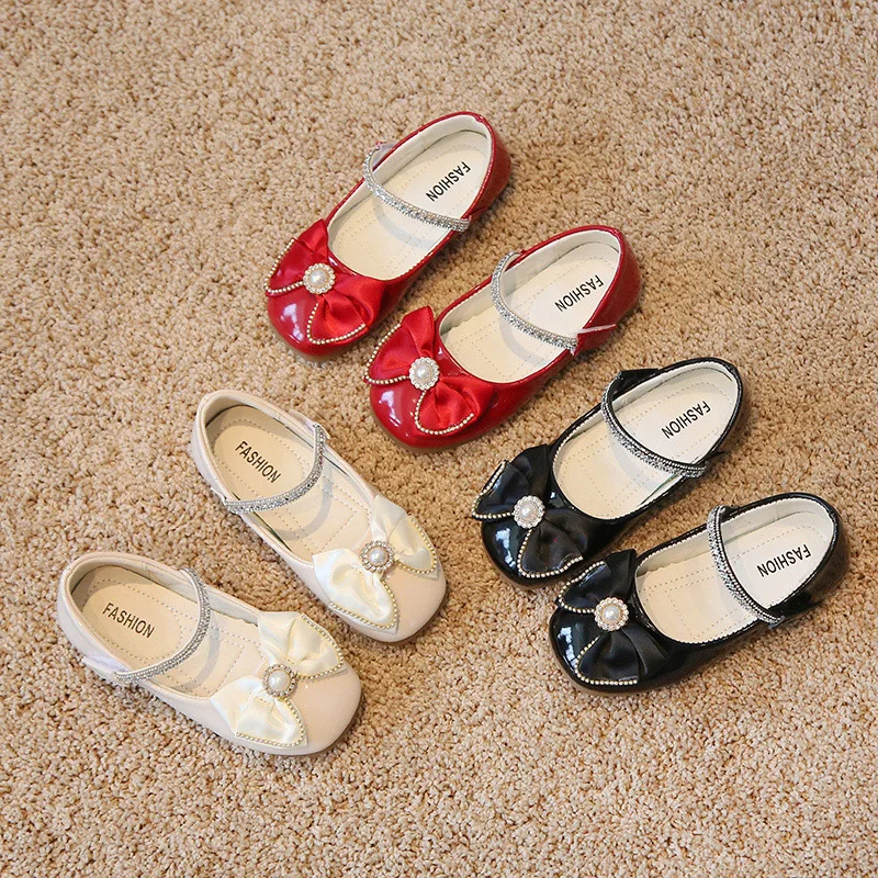 

Toddler Girls Bow-knot Princess Shoes Kids Rhinestones Mary Jane Casual Shoes Patent Leather Dress Shoes Autumn Spring 4-14Y