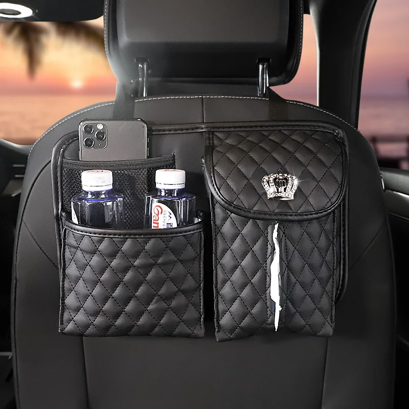 

Creative Crown PU Leather Car Storage Bag Auto Interior Seat Back Organizer Multifunction Tissue Holder Pocket Stowing Tidying