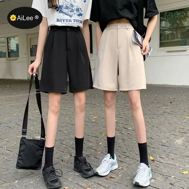 Summer Suit Shorts Women Loose High Waist Fashion Casual Drape Feeling Japan Harajuku Wide Leg Straight Street Girls Shorts