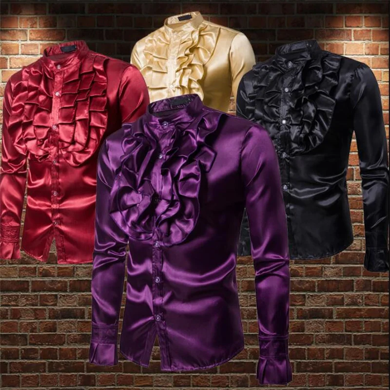 

Fashion punk slim shirt men long sleeve shirt England palace lotus leaf lace stand collar shirt mens personality stage singer