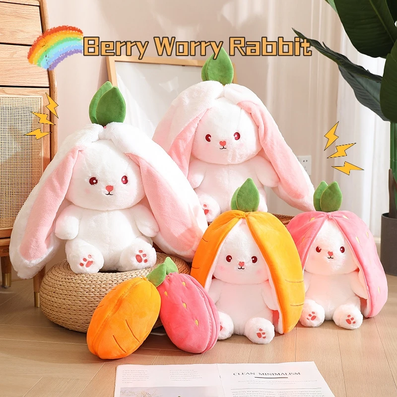 

18cm Cosplay Strawberry Carrot Rabbit Plush Toy Stuffed Creative Bag into Fruit Transform Baby Cuddly Bunny Plushie Doll For Kid