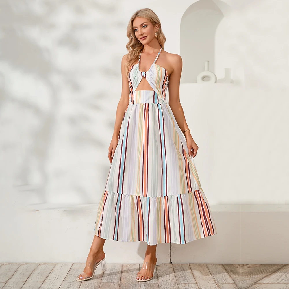 

Real design 2022 Europe and the United States new summer women's sexy stripes deep v breast straps dress