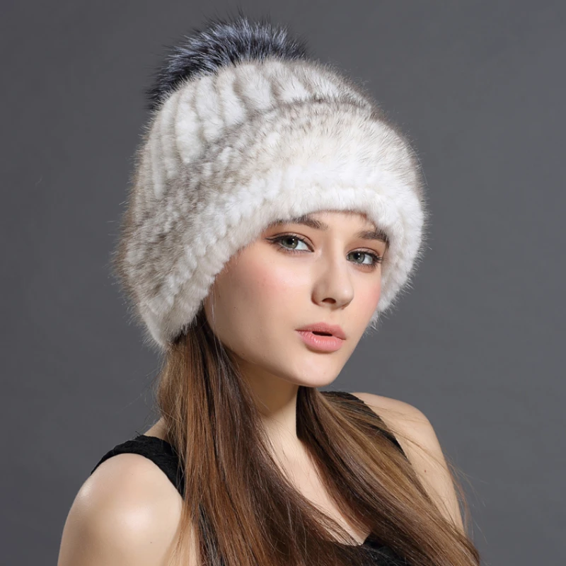 Fur Mink Knitted Hat Lady Thick Warm Ear Protection Fox Ball Hats for Women Skiing Winter 2023 Luxury Women's Accessories Adult