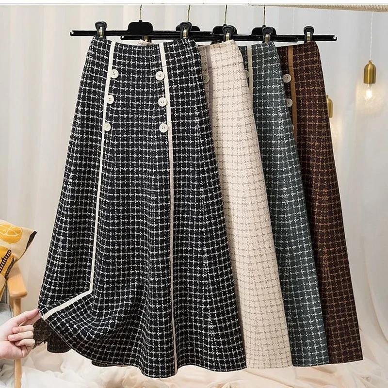 

Woman High Waist Plaid Skirt Autumn Winter Female Loose Vintage A-line Pleated Skirt Casual Korean Keep Warm Skirts Womens X148