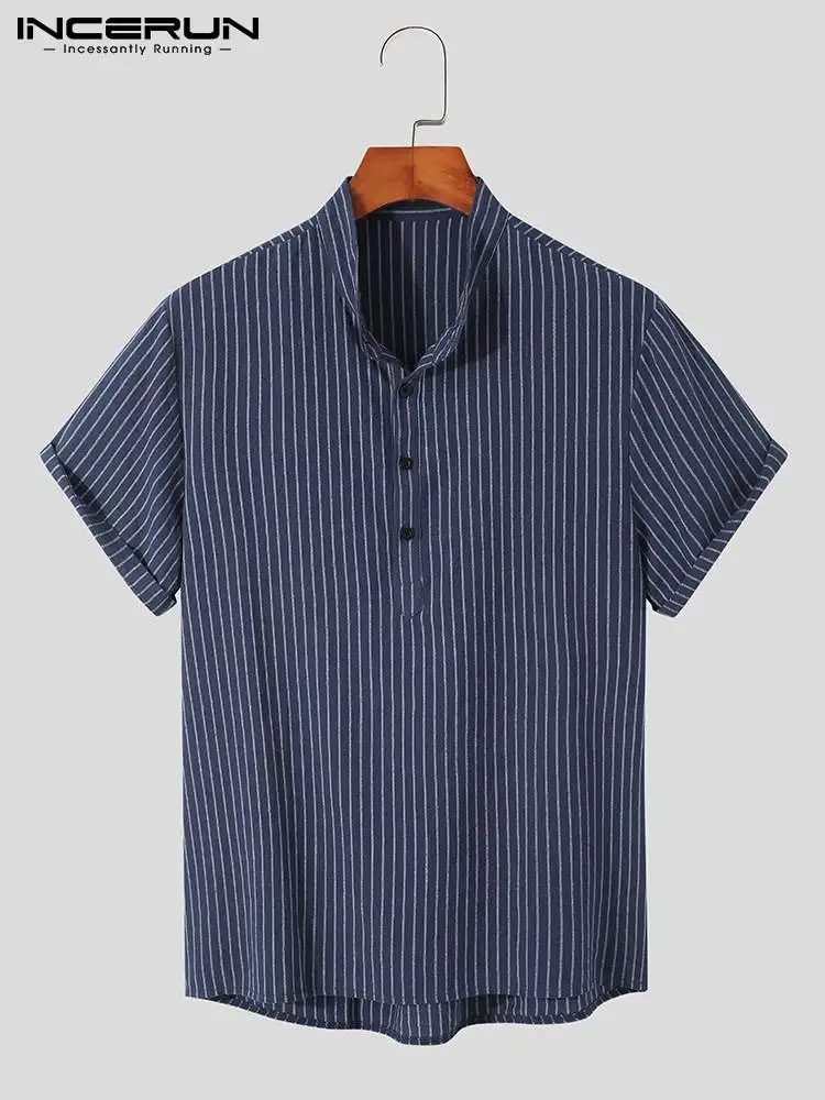 

INCERUN Men Striped Shirt 2022 Cotton Stand Collar Short Sleeve Casual Men Clothing Streetwear Summer Retro Leisure Camisa S-3XL