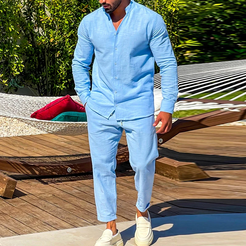 

Cotton Linen Men's Sets Spring Summer Casual Long Sleeve Buttoned Stand Collar Shirt And Trousers Two Piece Suits Men Streetwear