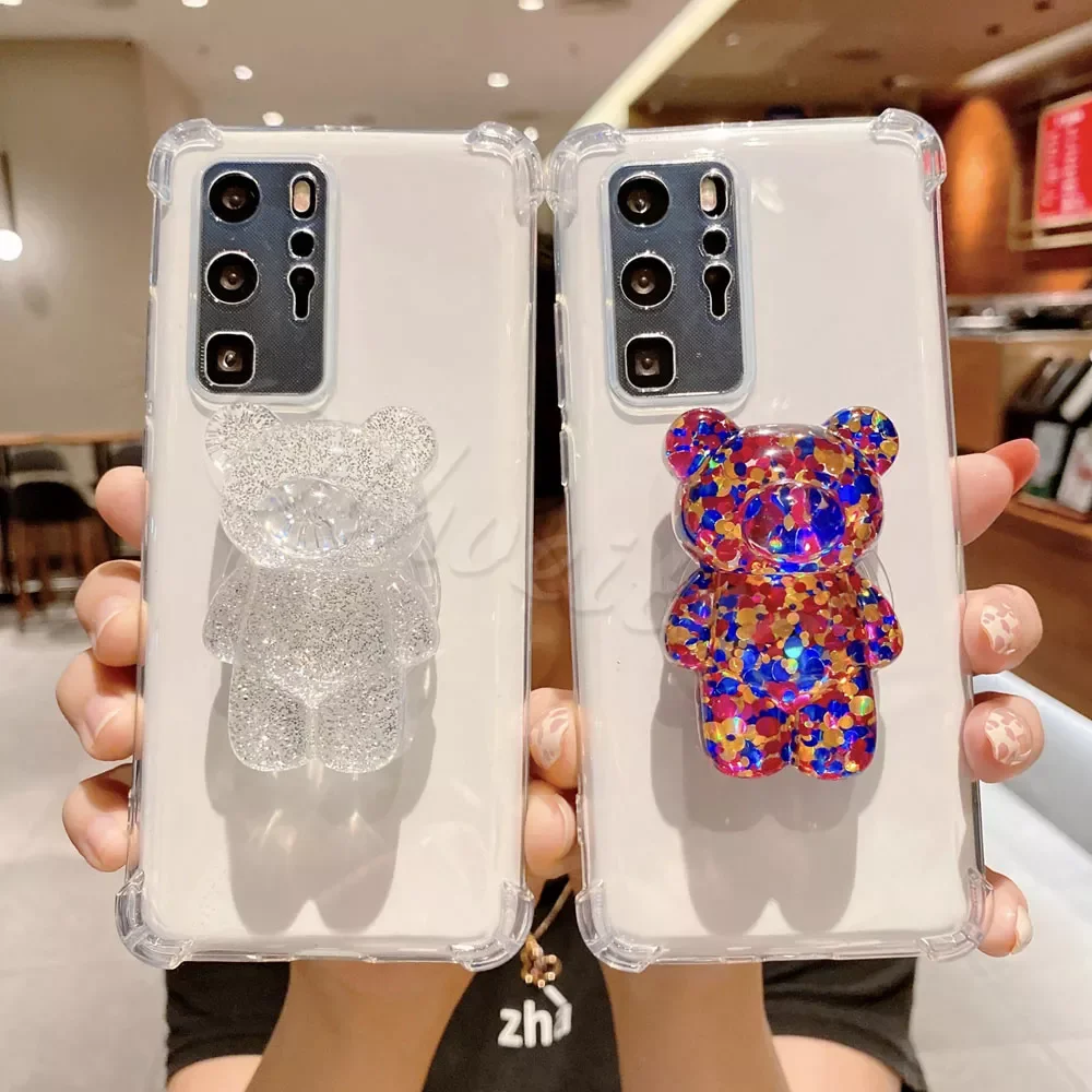 

Phone Holder Clear Cover For Samsung Galaxy S22 S20 S21 FE Ultra S10E S10 Lite S9 S8 Plus S7 Edge Case Cartoon Bear TPU Silicone