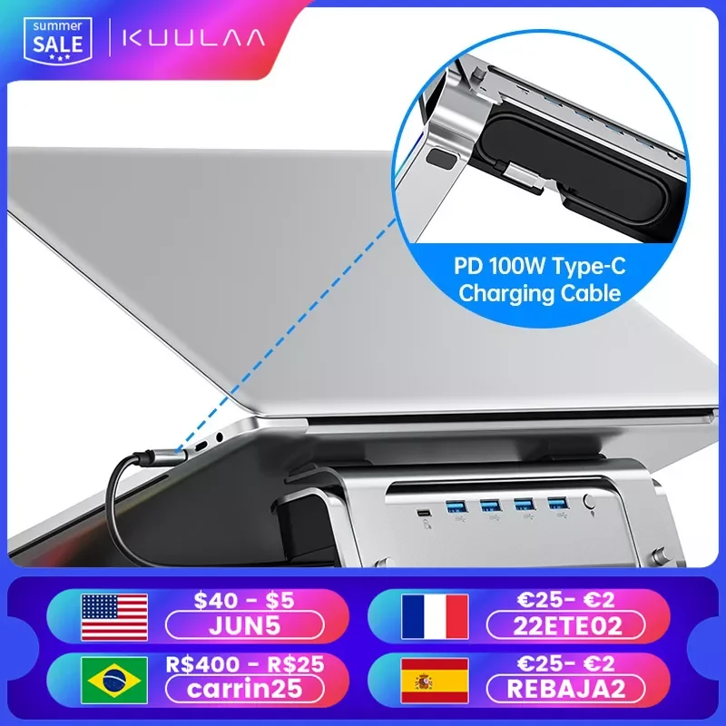 

Подставка для ноутбука KUULAA, USB C, 4 порта USB, 10 RGB подсветки