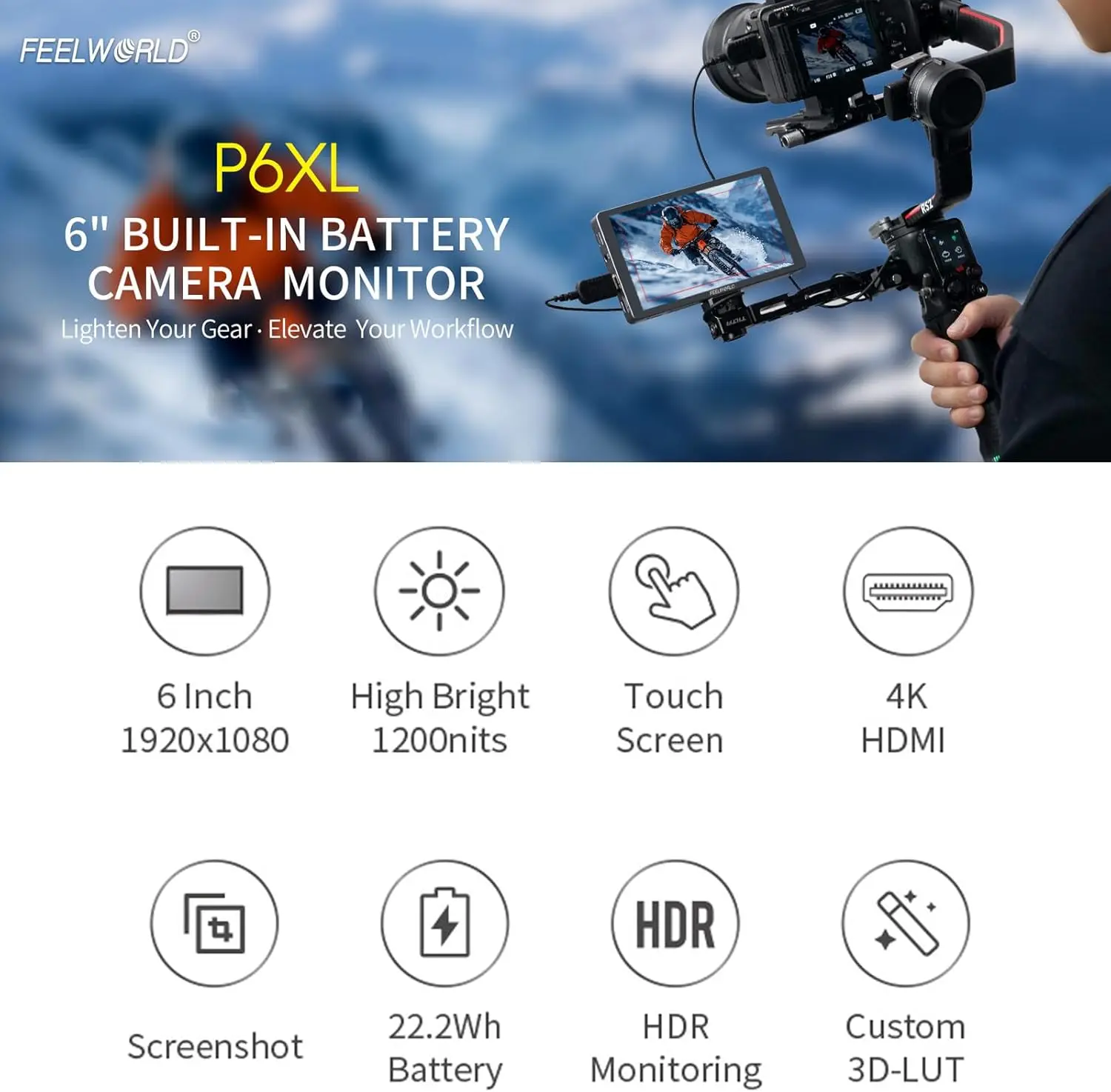 Фото FEELWORLD P6XL 6-дюймовый алюминиевый встроенный аккумуляторный фотомонитор 4K HDMI-совместимый монитор высокой яркости 1200 нит FHD IPS №2