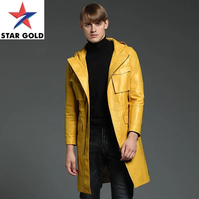 

Sheepskin Fashion Men Long Trench Slim Fit Hoody Windbreaker Colors Business Man Outwear Coat Casual Genuine Leather Jacket