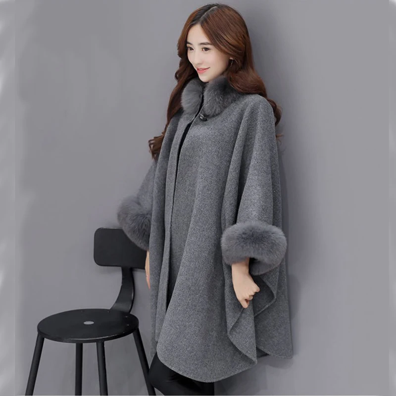 

For Women Winter Loose Faux Fox Fur Big Collar Shawl Cloak Cashmere Wraps Coats Outerwear Tops BatSleeve Poncho Cape Coat 2022