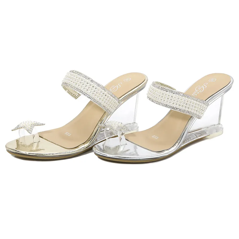 

Женские туфли на танкетке 8 см, прозрачные, на высоком каблуке, с жемчугом и бусинами, большие размеры