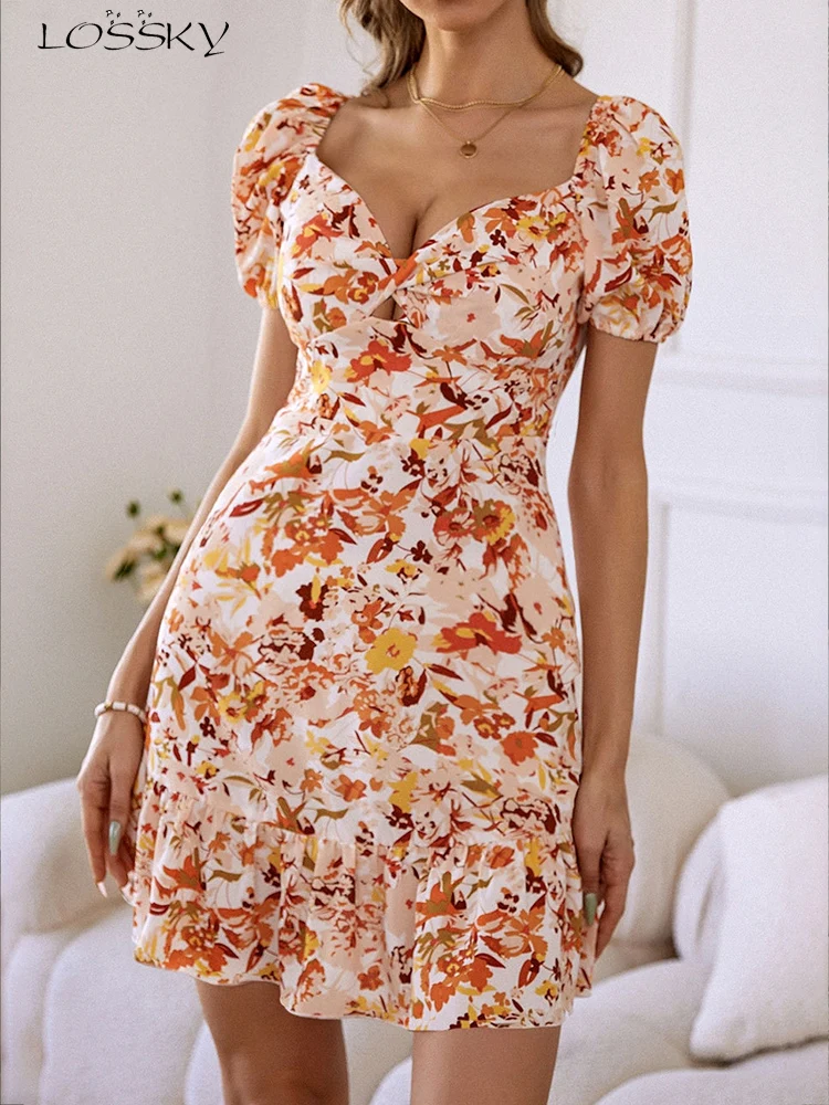 

Summer Chiffon Short Dress Women Sexy Slim V Neck Ruffle Holiday Beach Dress Casual Floral Print Hollow Puff Sleeve Dresses 2022