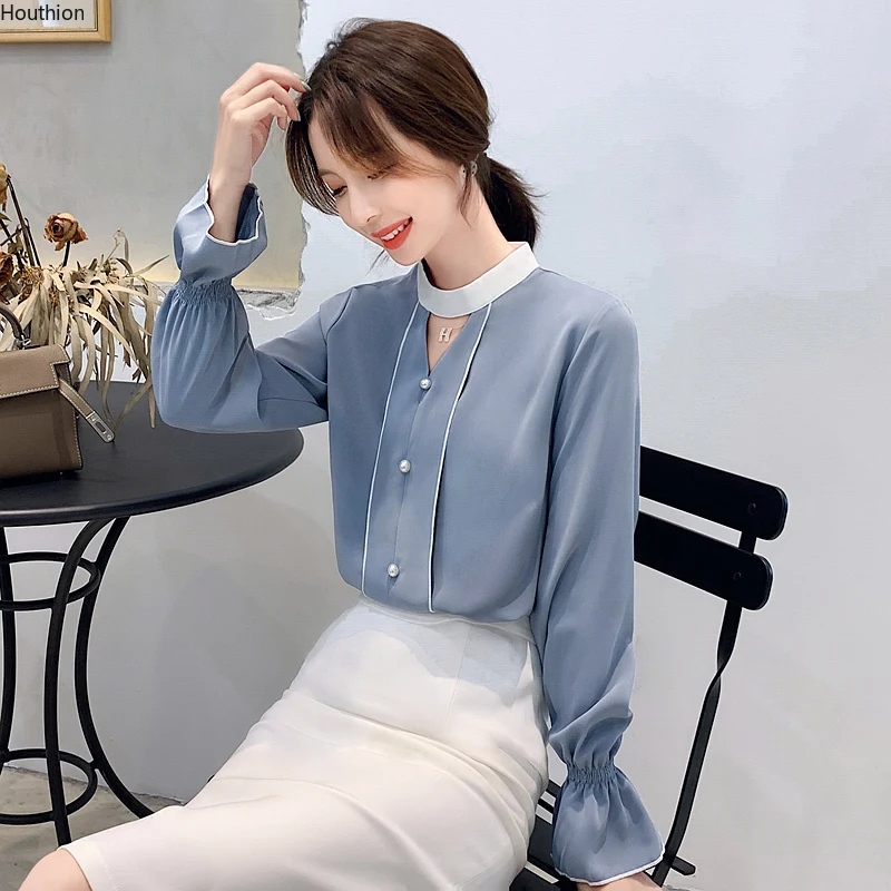 

New Flared Long Sleeves Women's Blouse Chiffon Beaded Top Fashion Casual Shirt Korean Style Slim Fit Female Clothing