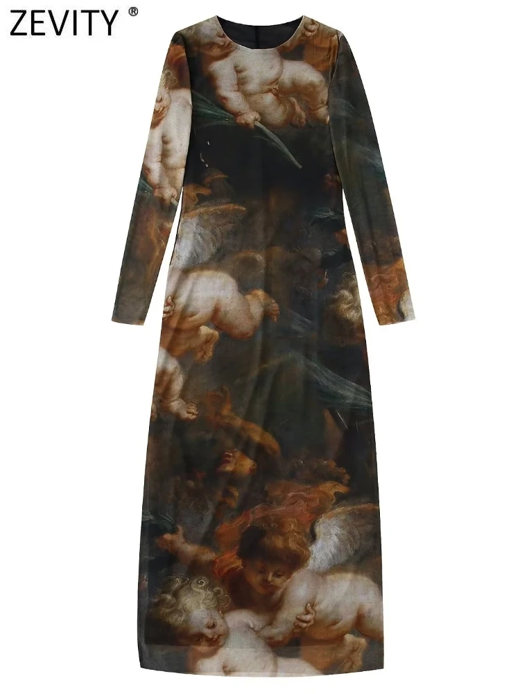 

Zevity 2022 Women Fashion O Neck Baby Print Perspective Mesh Midi Dress Female Chic Long Sleeve Party Slim Vestidos DS2860