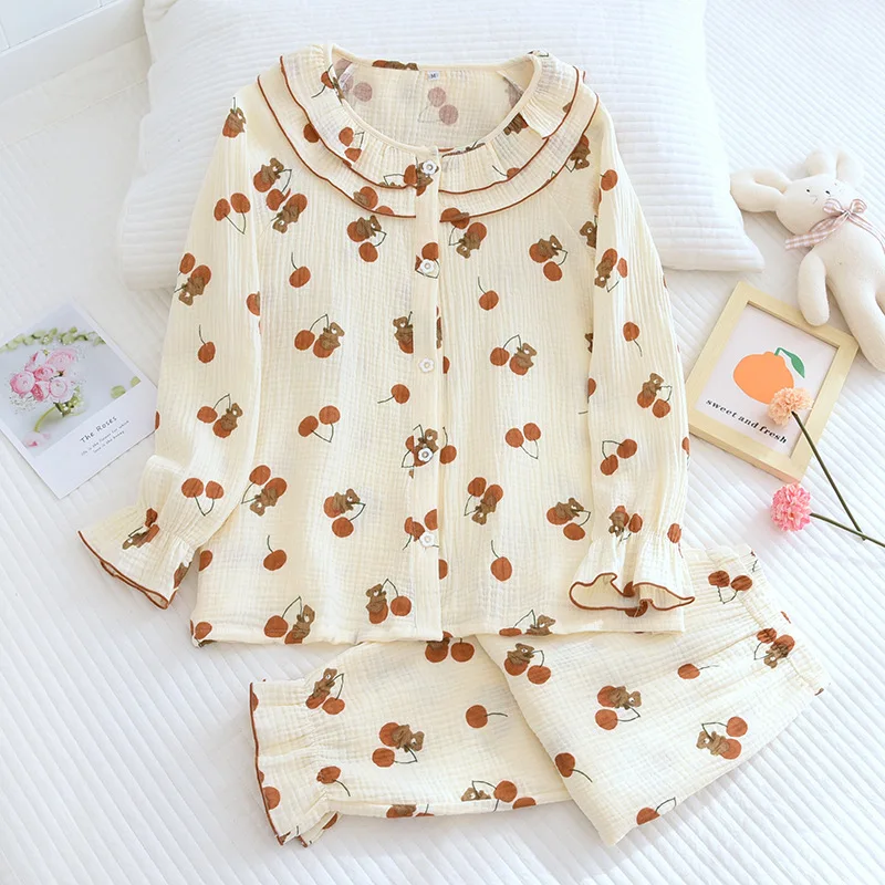 Pajama Set Women Woven Cotton Lotus Leaf Collar  Crepe Spring Thin Section Long Sleeve Pants Homewear Soft Yarn Autumn Clothes