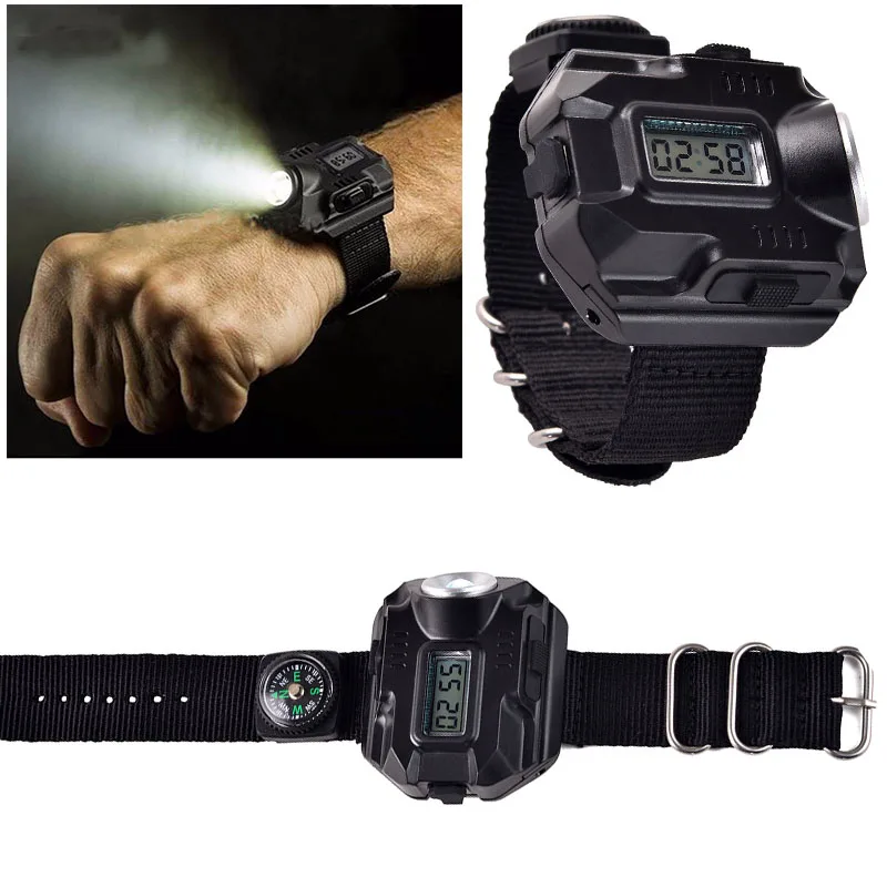 

LED Wrist Watch Flashlight Torch Light USB Rechargeable Tactical Flashlight Portable Lantern Time Display LED With Compass