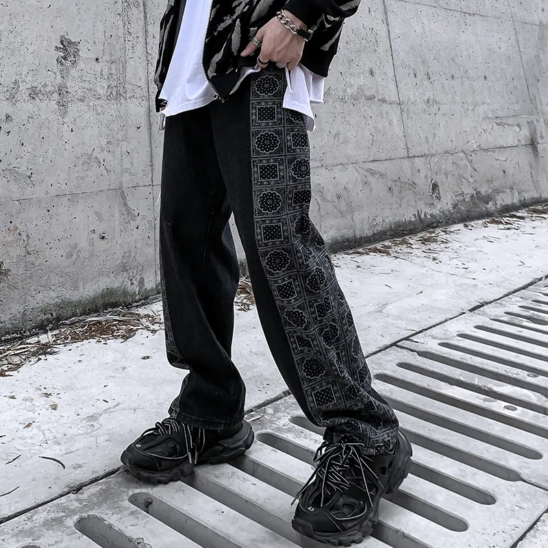 New Men's Brand Clothing High Street Loose Straight Jeans Men's Trendy Printed Wide Leg Pants Black Gray штаны Pantalones Hombre