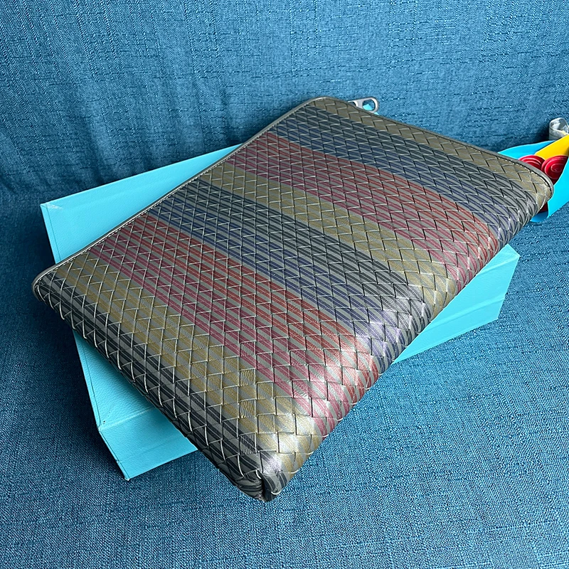 Young Men's Authentic Leather Sheepskin Woven Zipper Handbag Stylish and Portable Large Capacity Business Envelope Clip A4 Paper